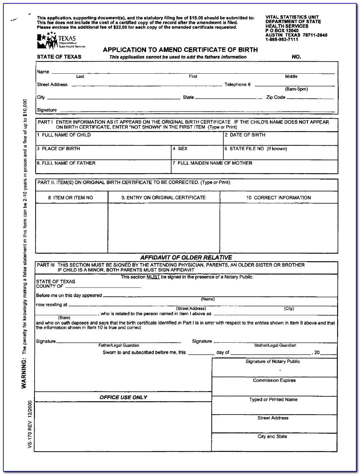 Texas Birth Certificate Request Form