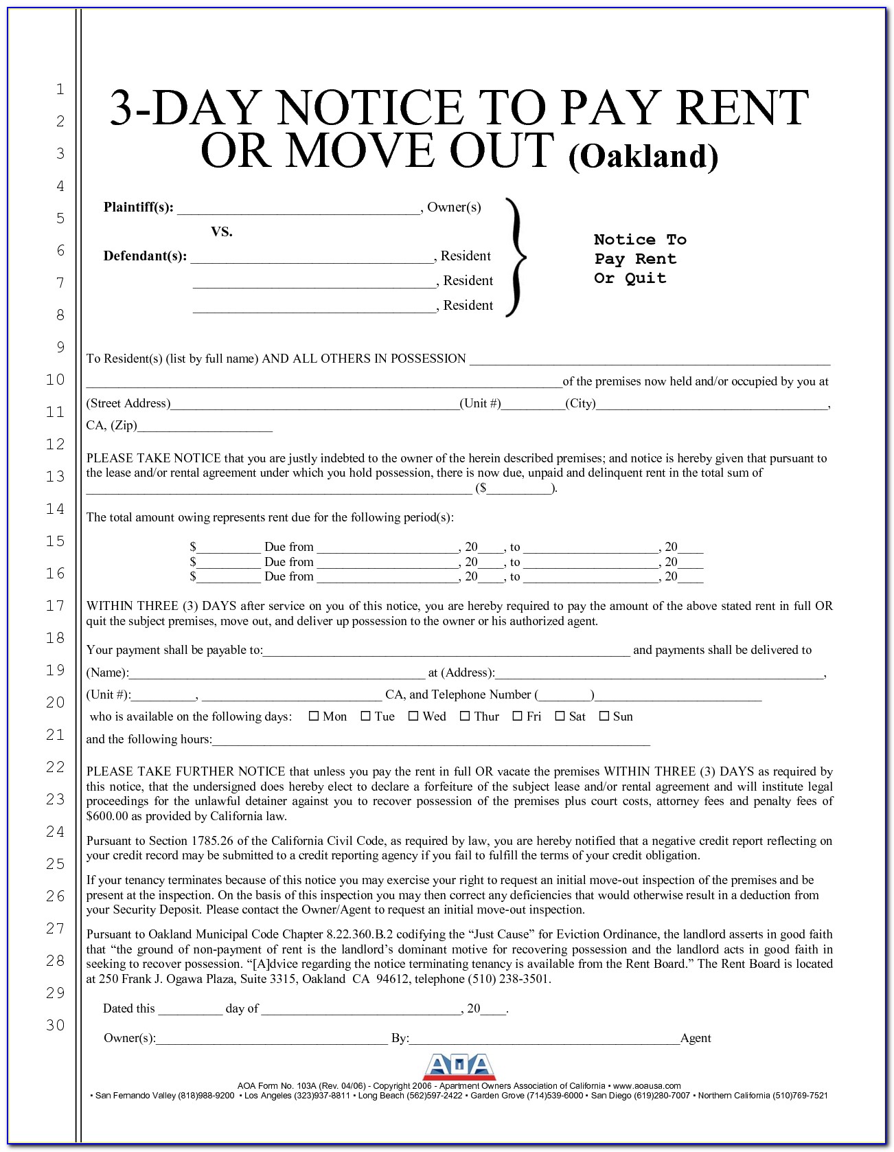 Three Day Notice To Pay Rent Or Quit Free Form California