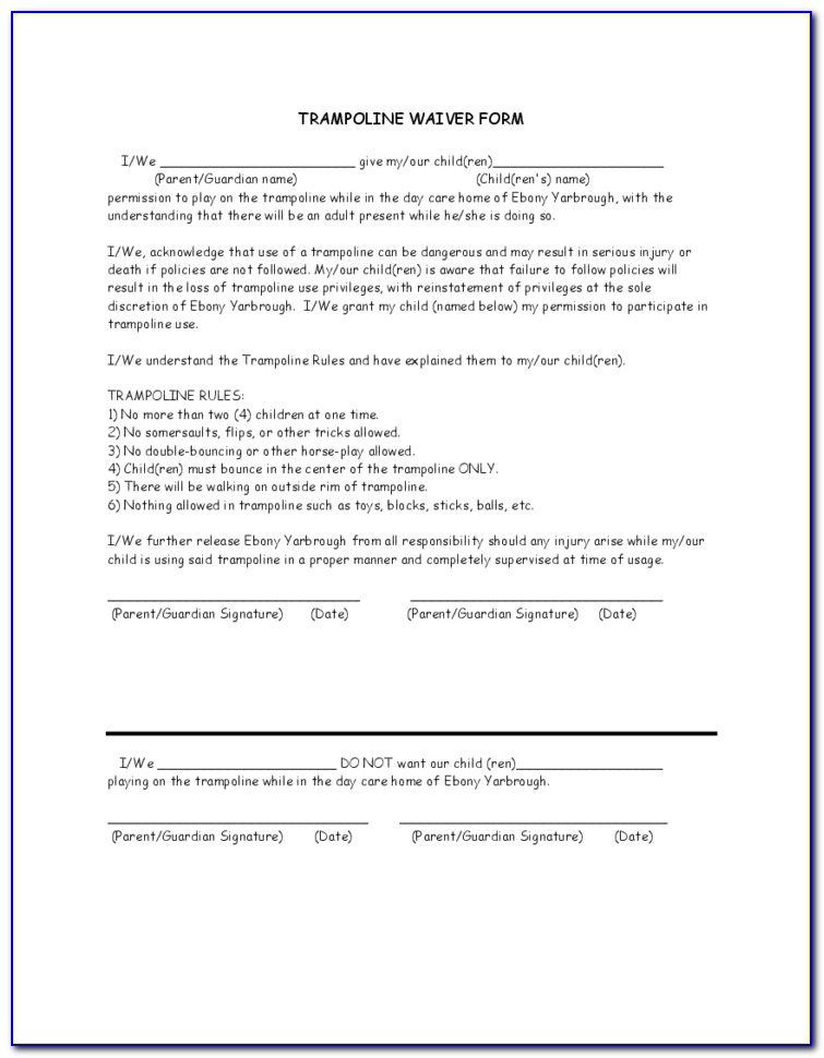Trampoline Waiver Form For Home Use