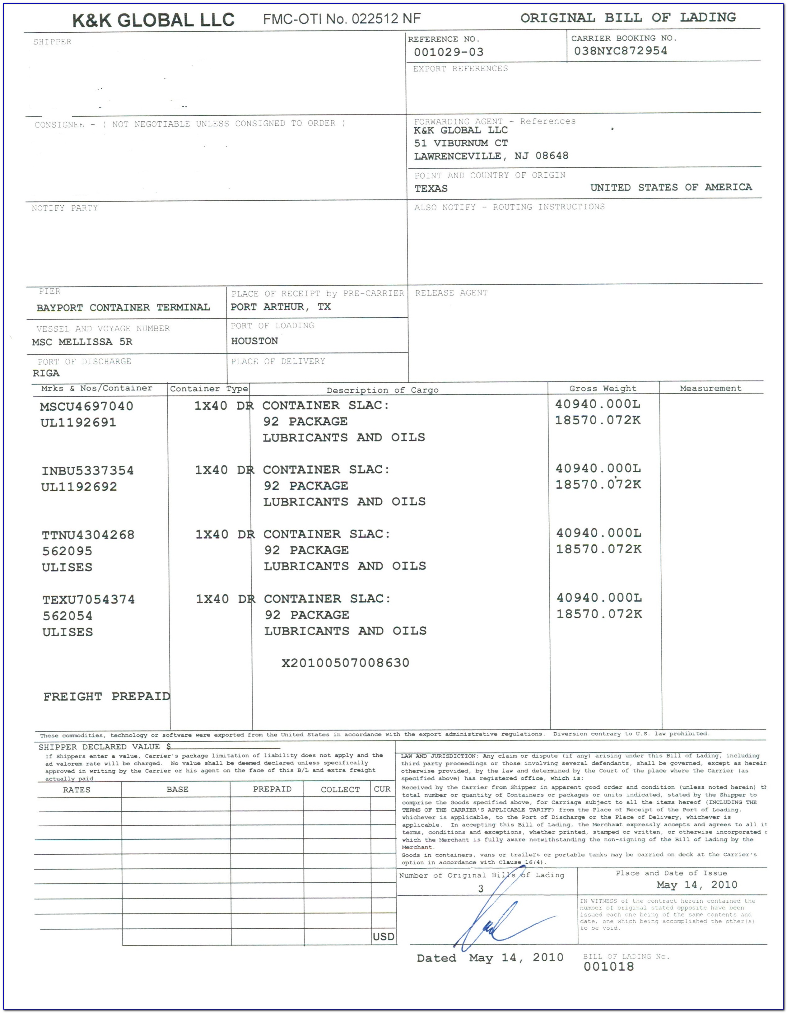 Vehicle Transport Bill Of Lading Template