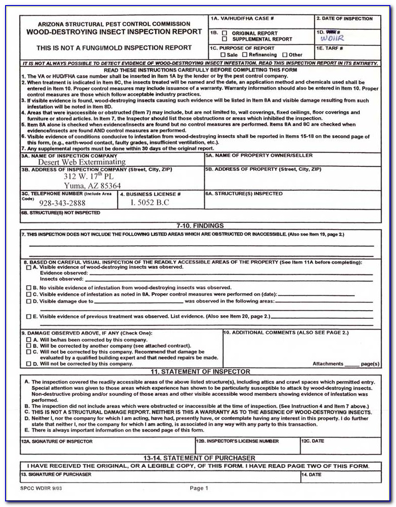 Wood Destroying Insect Inspection Report Form Npma 33
