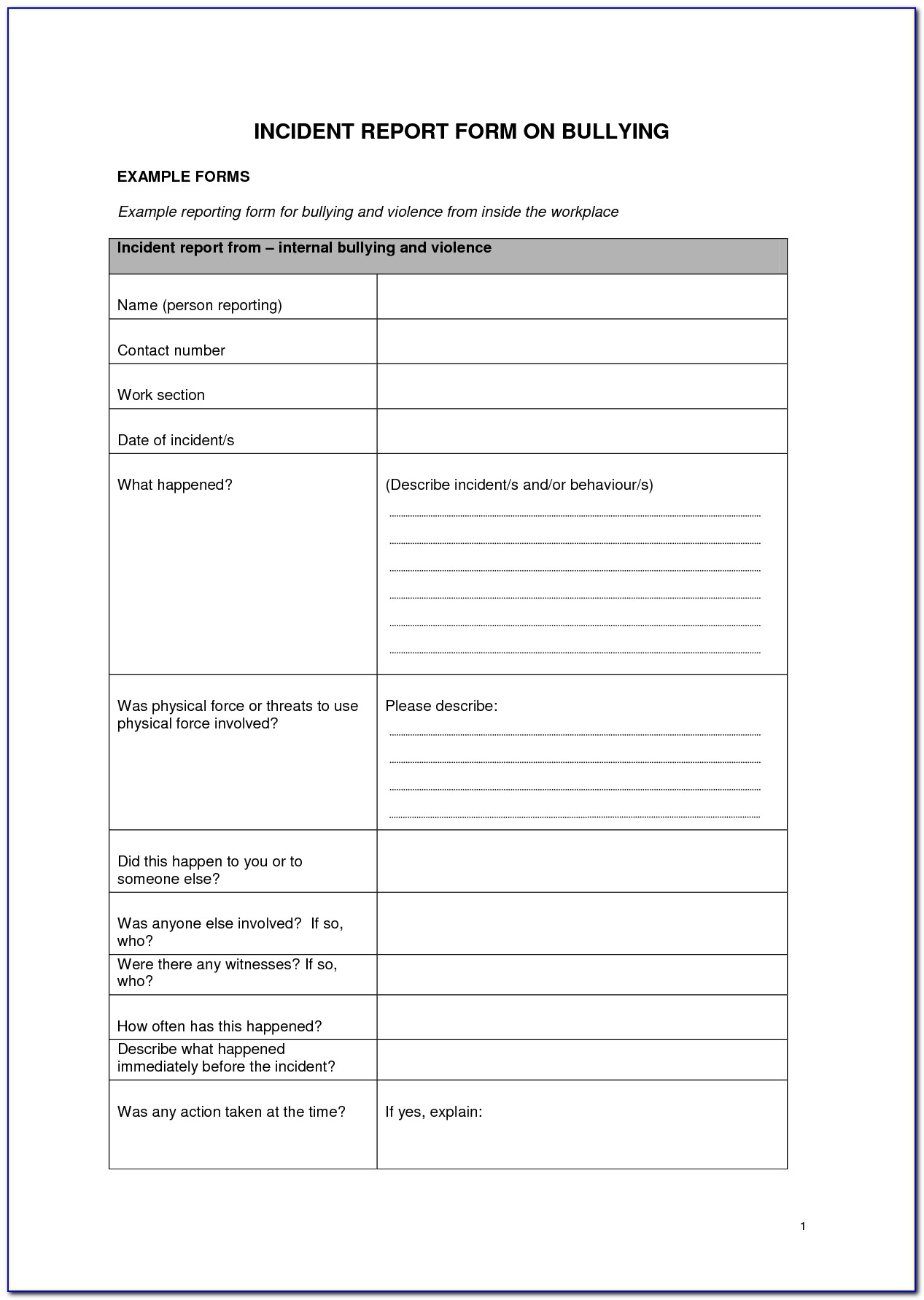 Workplace Harassment Incident Report Form