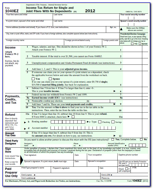 1040ez 2012 Tax Form