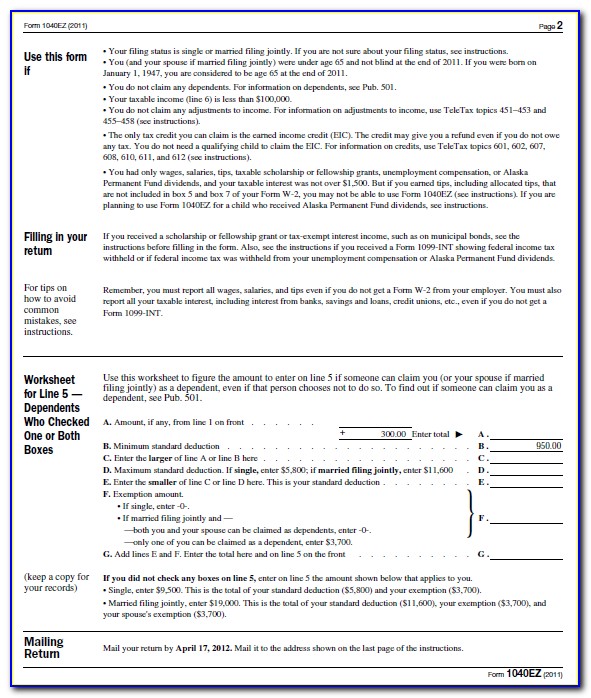 2011 Federal Tax Form 1040ez Instructions