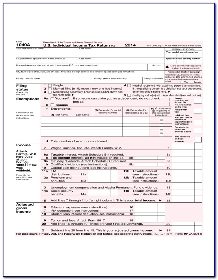 2014 Us Individual Income Tax Return Form 1040