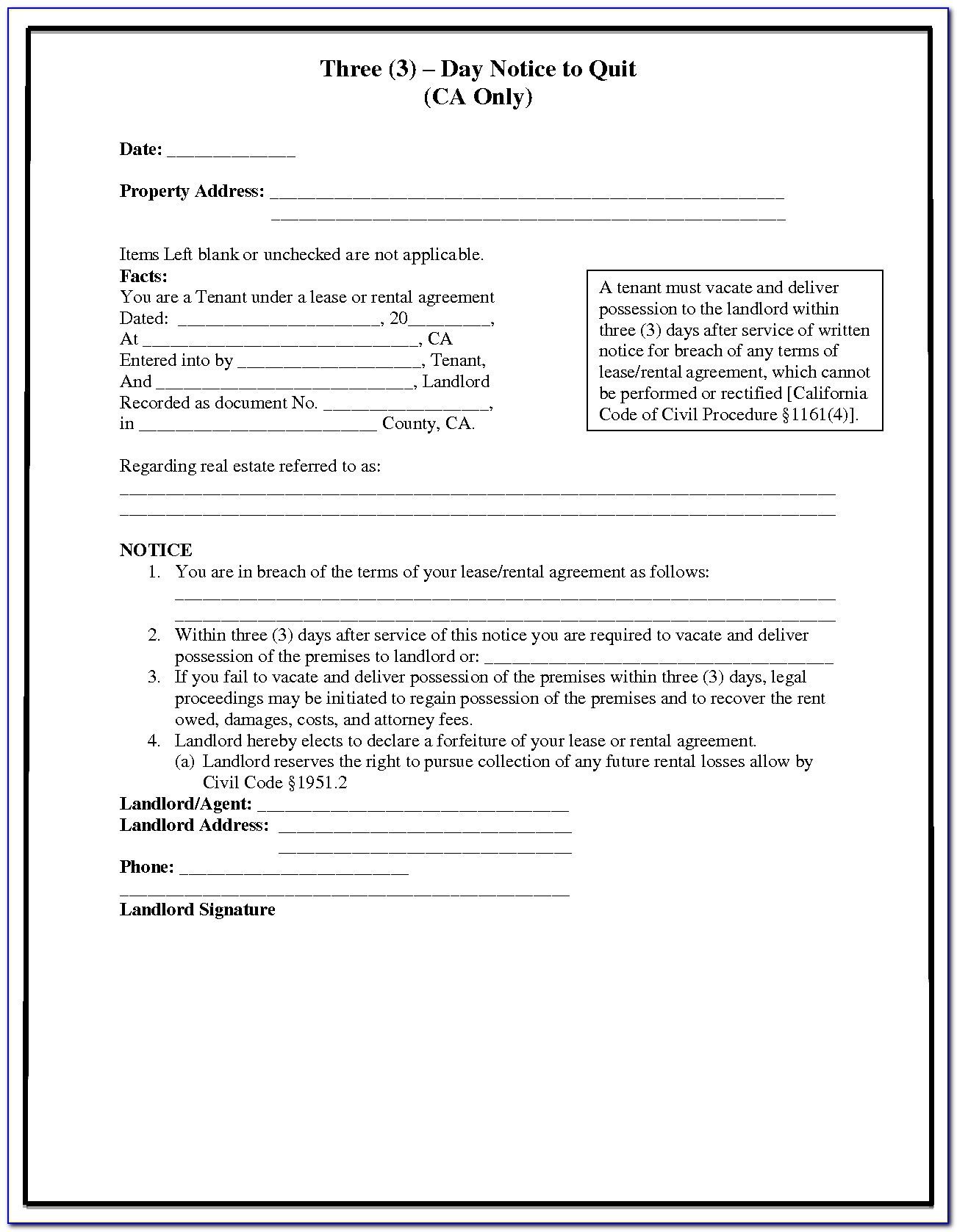 3 Day Notice To Pay Rent Or Quit California Form Pdf