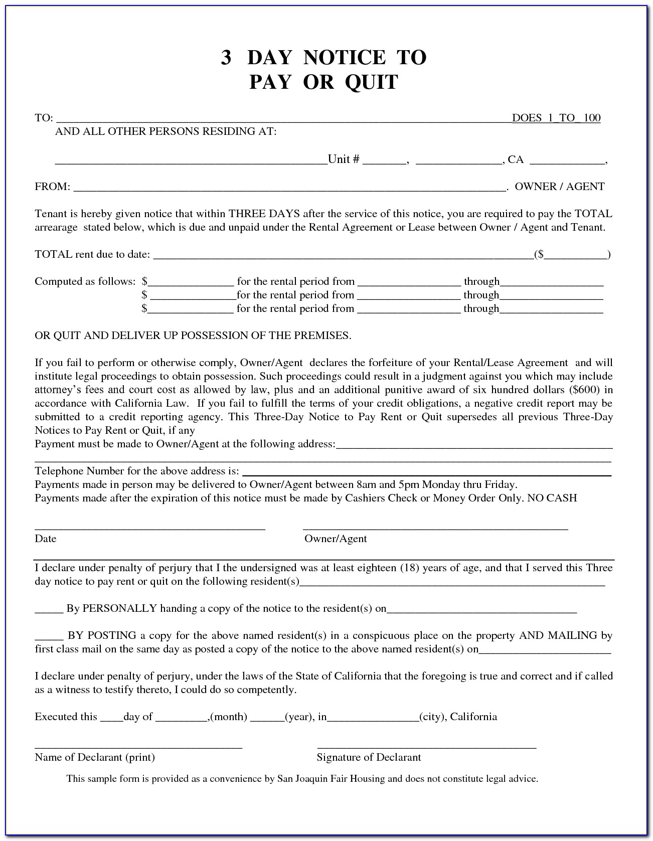 3 Day Pay Or Quit Notice Form California