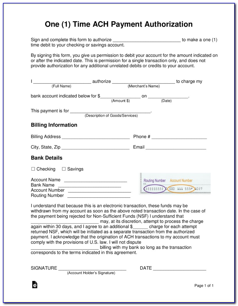 Ach Payment Authorization Form Template
