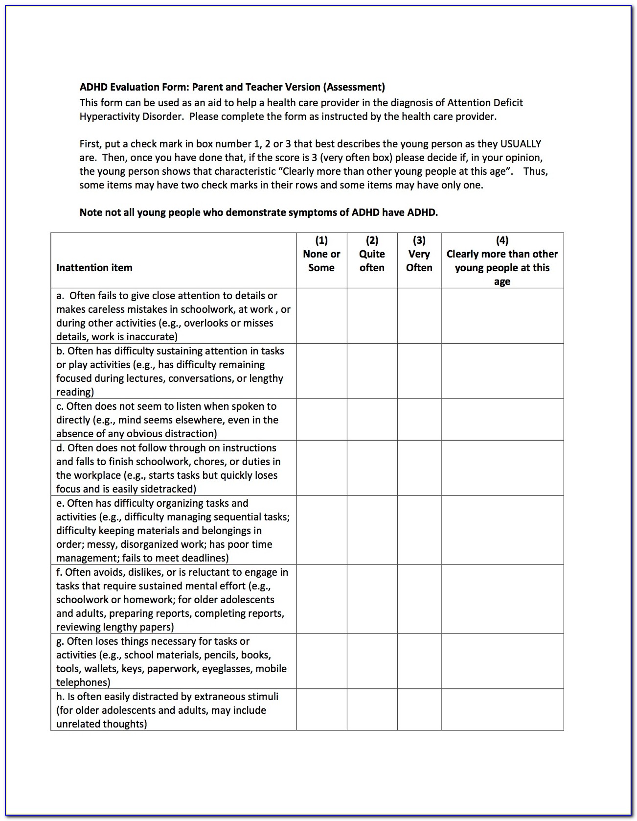 Adhd Assessment Form For Teachers