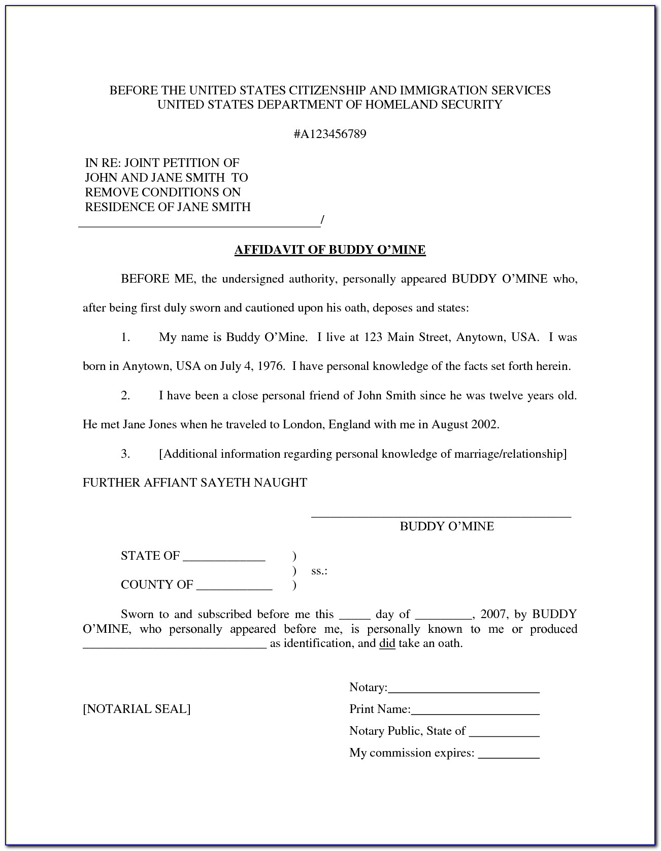 Affidavit Form For Immigration
