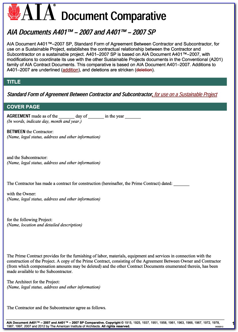 Aia Subcontract Agreement Short Form