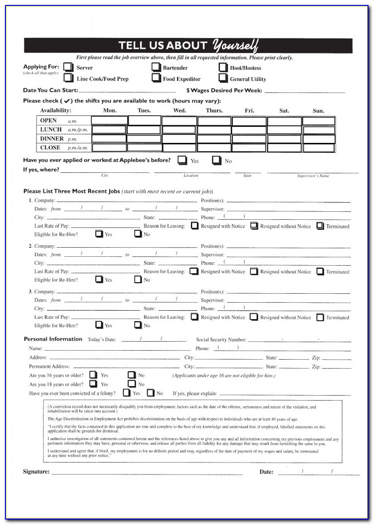 Applebee's Online Application Form
