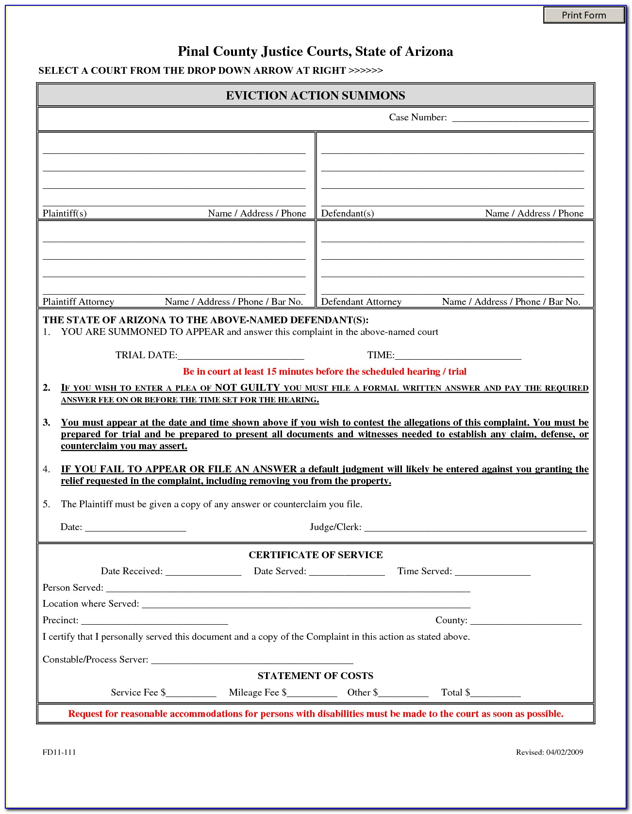 Arizona Eviction Notice Form
