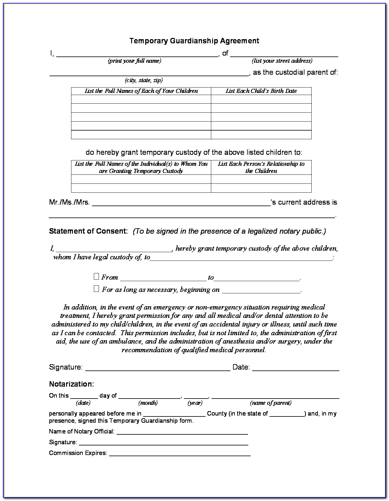 Authorization For Temporary Guardianship Of Minor Form