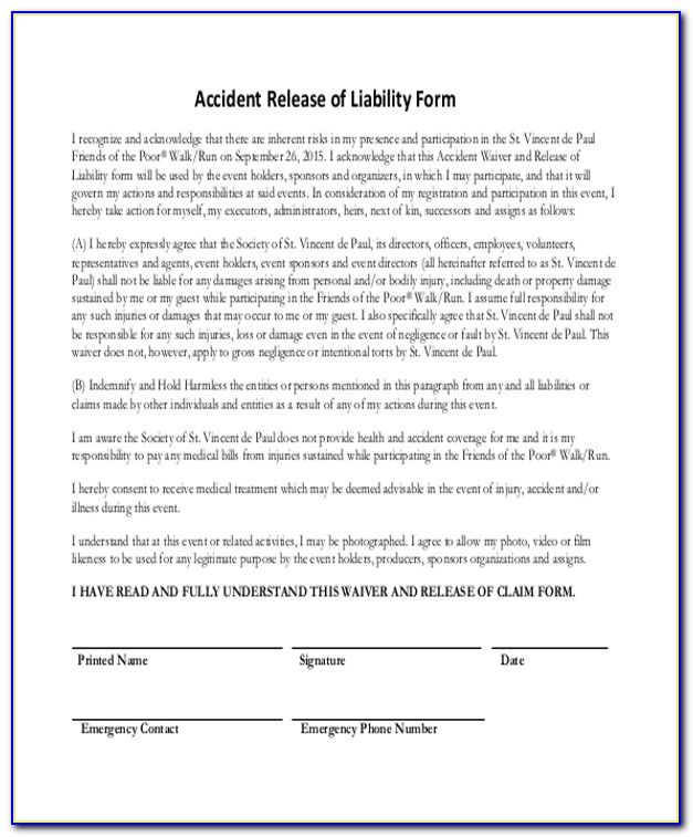 Auto Accident Release Of Liability Form