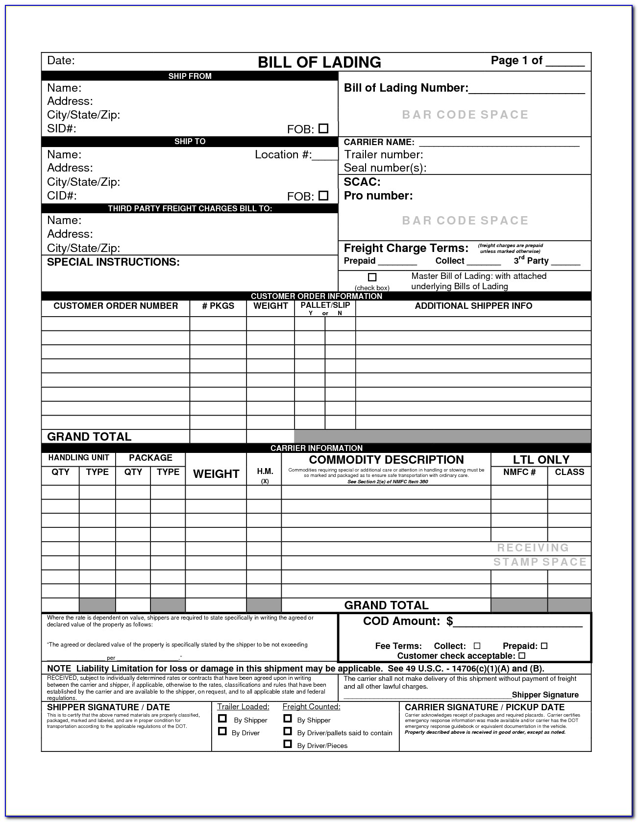 Bill Of Lading Form Download Free
