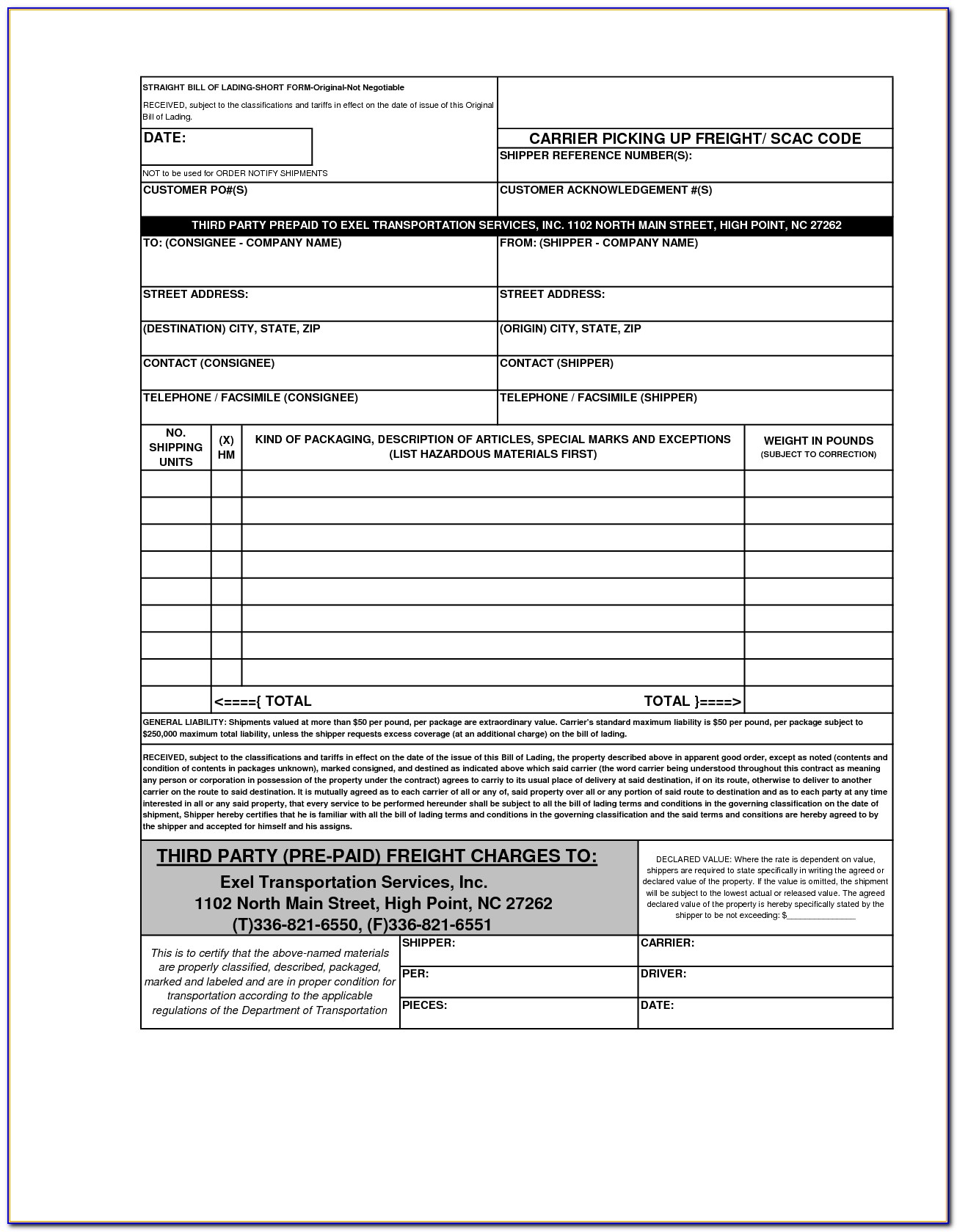 Bill Of Lading Form Excel Free