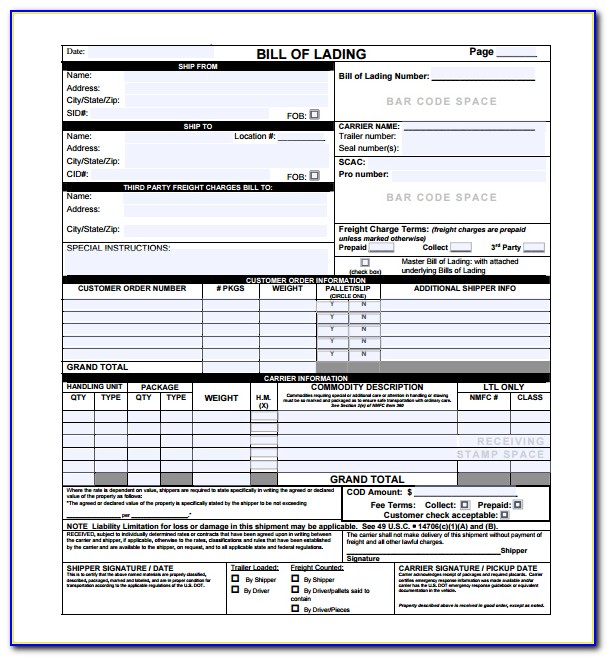 Bill Of Lading Form Printable