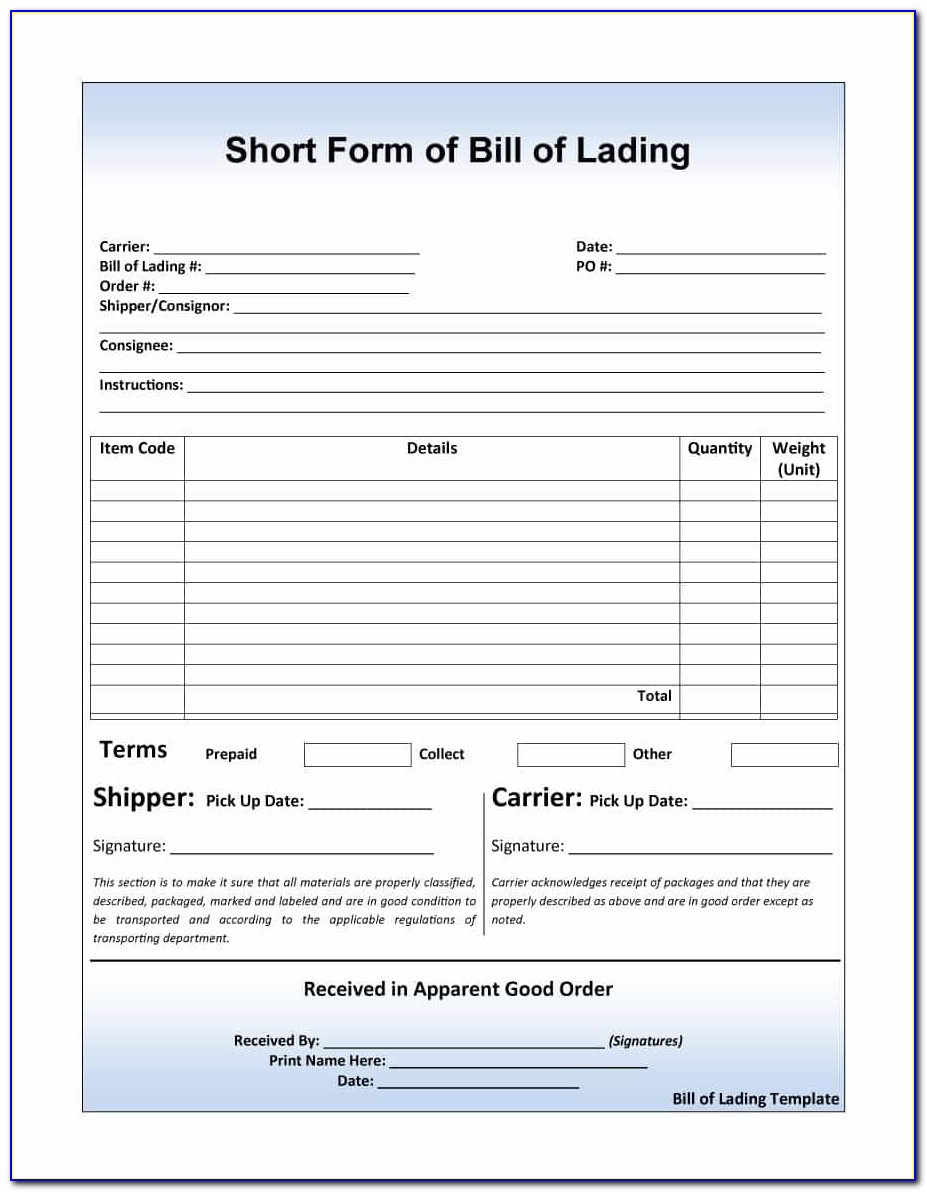 Bill Of Lading Form Sample