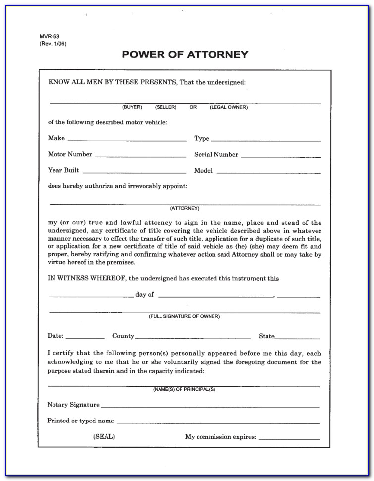 Blank Power Of Attorney Form Nc