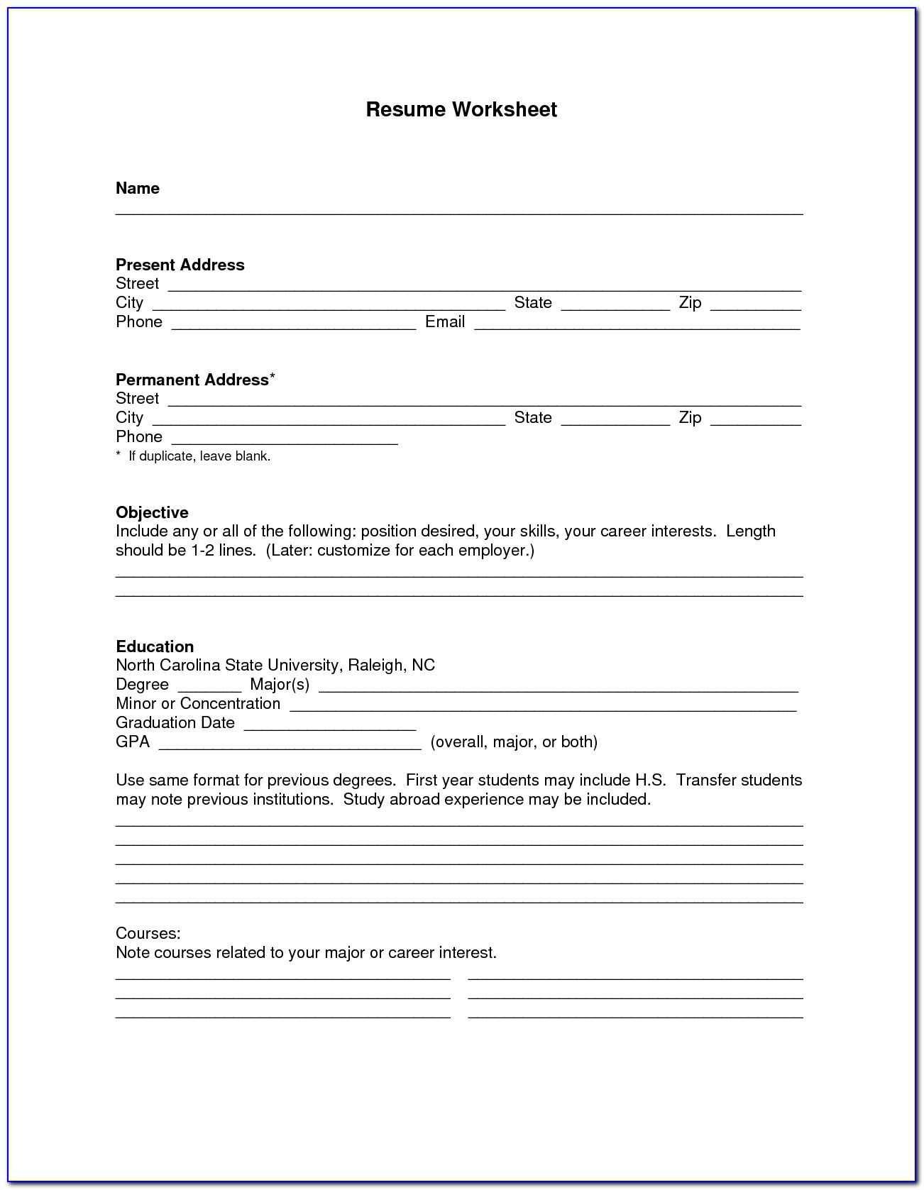 Blank Resume Form For Job Application Download