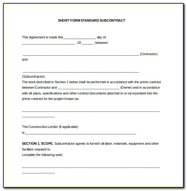 Blank Subcontractor Agreement Forms