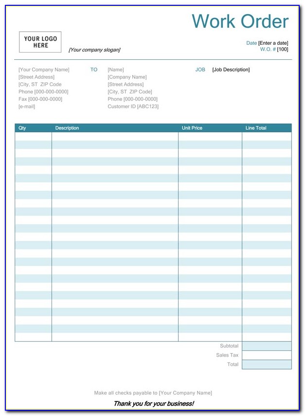 Blank Work Order Forms Free