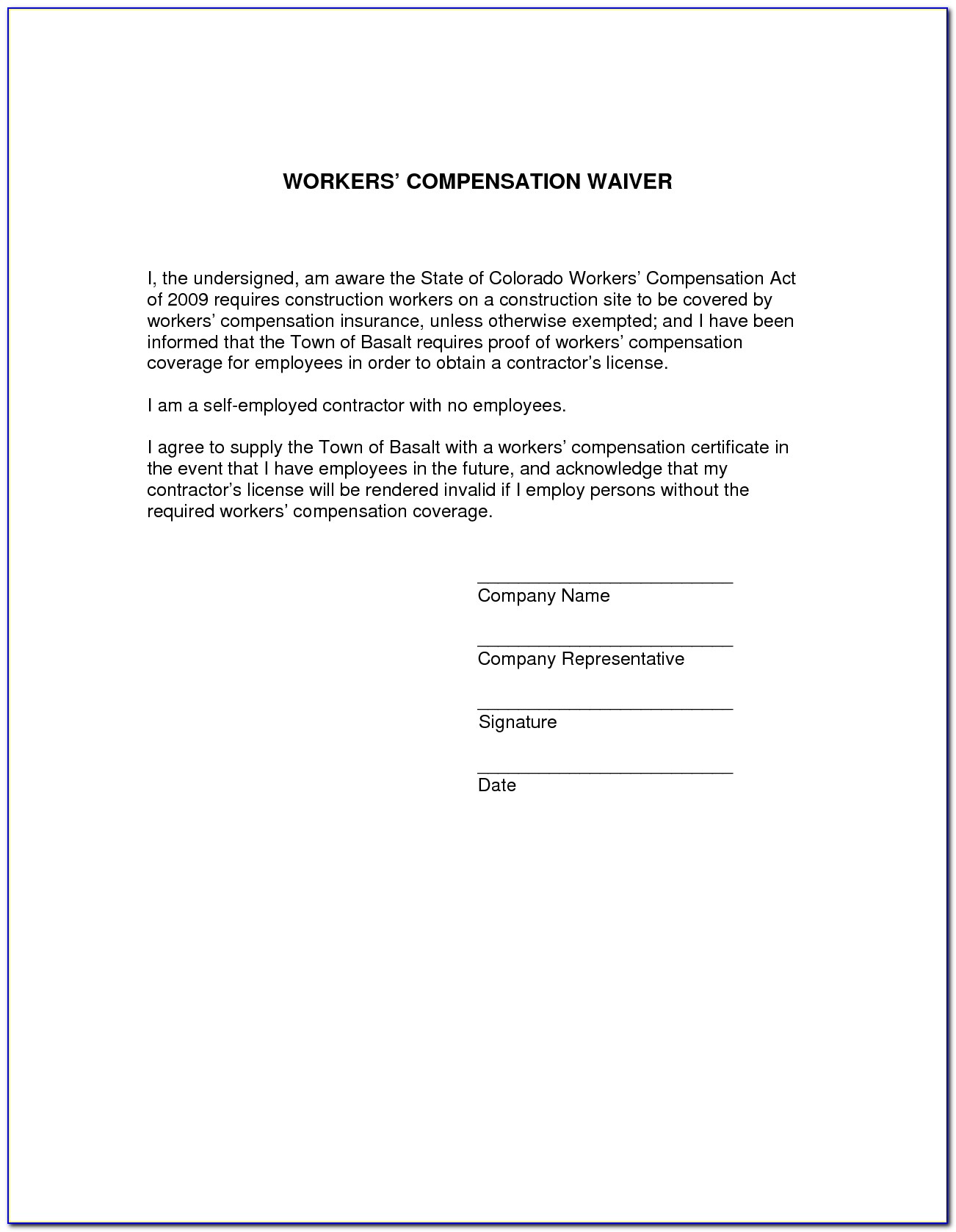 Blanket Waiver Of Subrogation Workers Compensation Form
