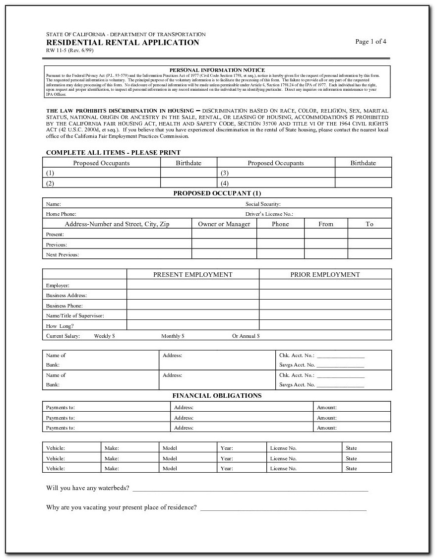 California Housing Rental Application Form