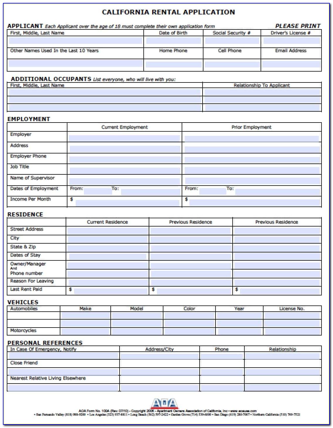 California Residential Rental Application Form
