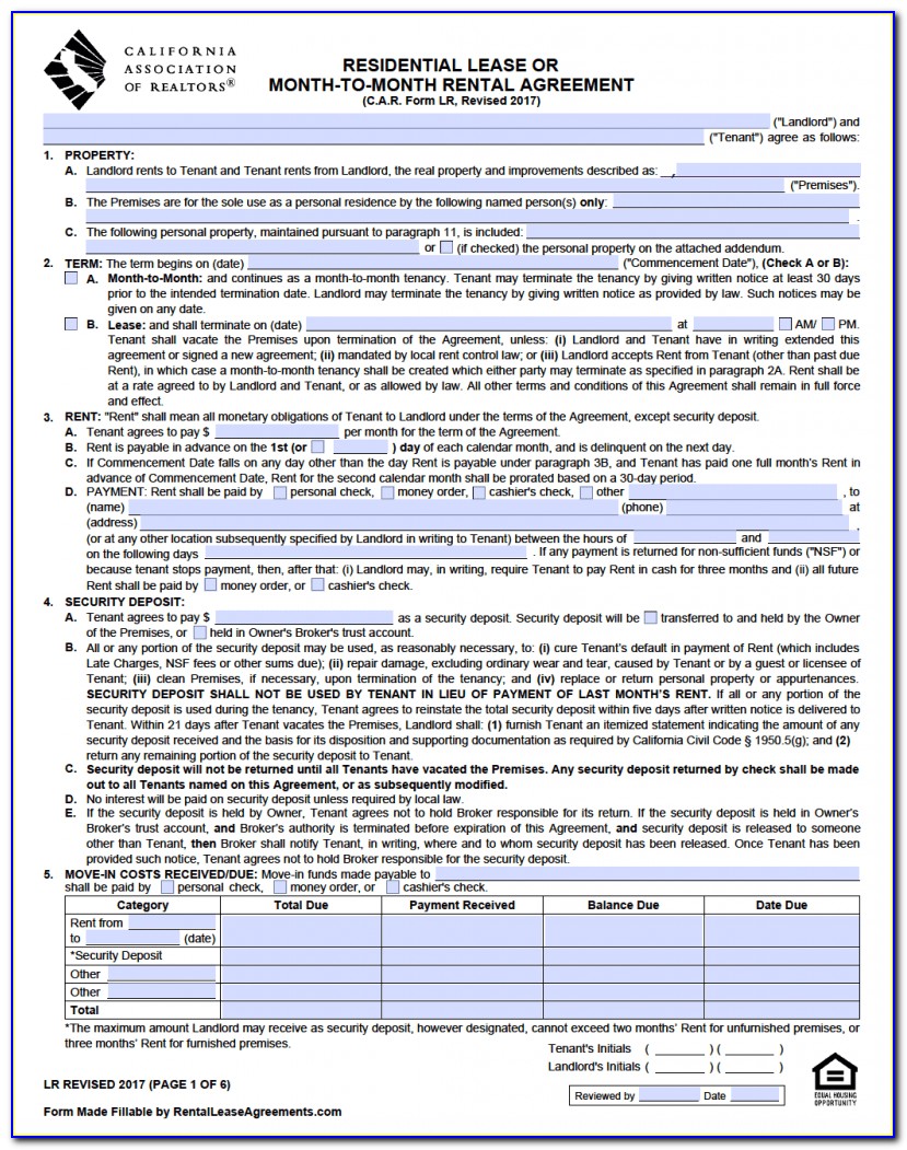 California Residential Rental Lease Application Form