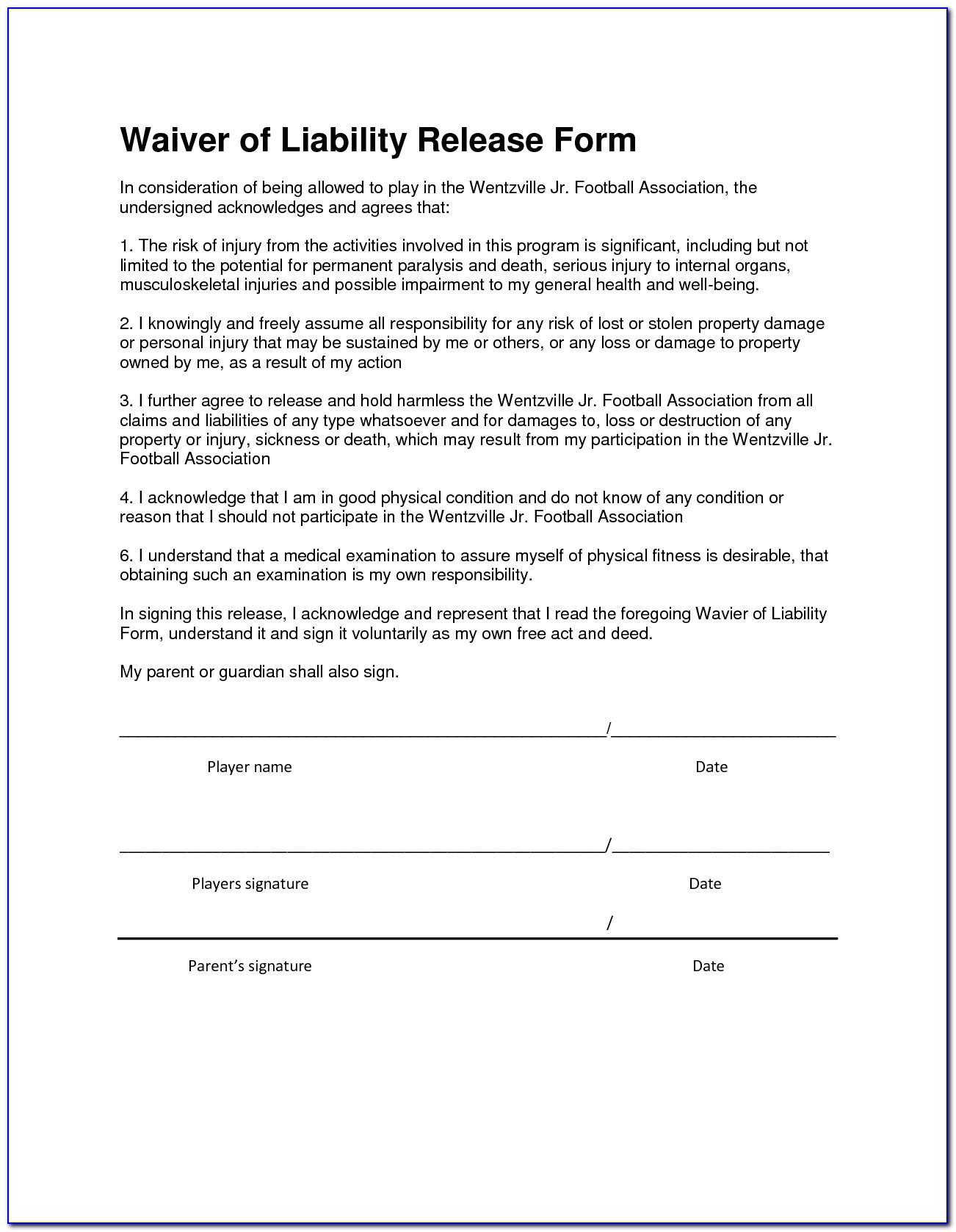 Car Accident Waiver And Release Of Liability Form Template