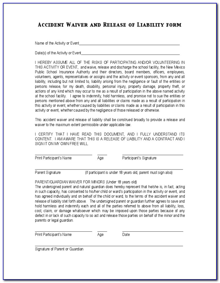 Car Accident Waiver And Release Of Liability Form Uk