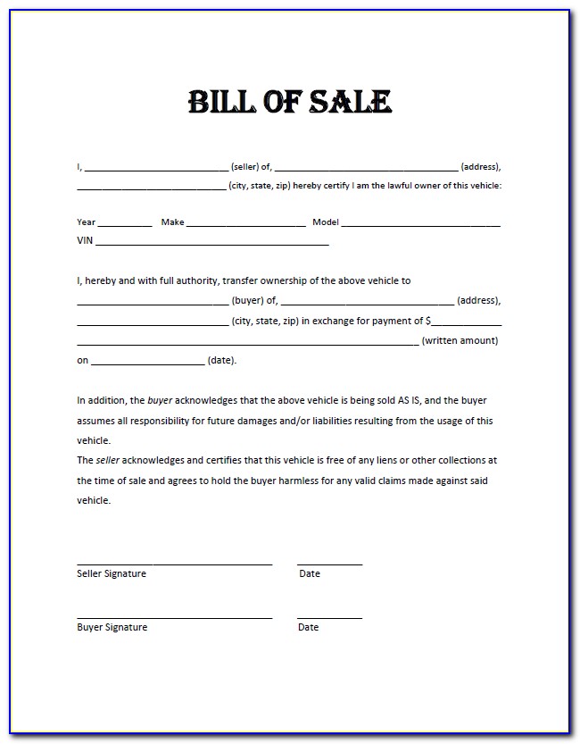 Car Bill Of Sale Template Printable