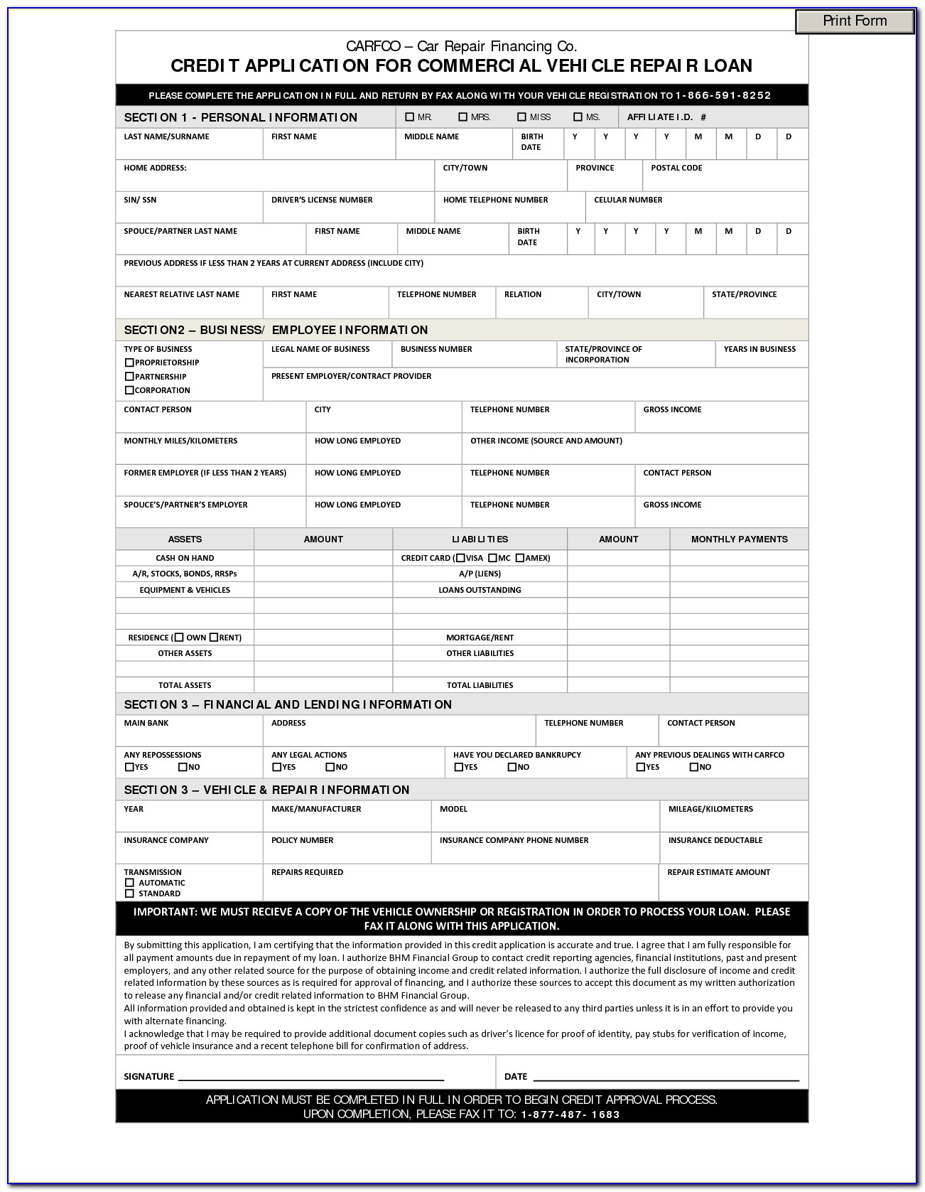 Car Loan Credit Application Form Pdf