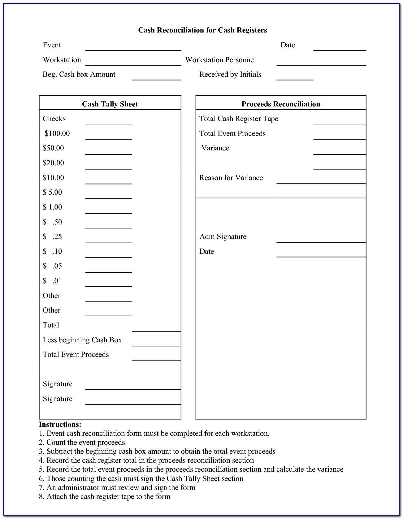 Cash Register Reconciliation Form