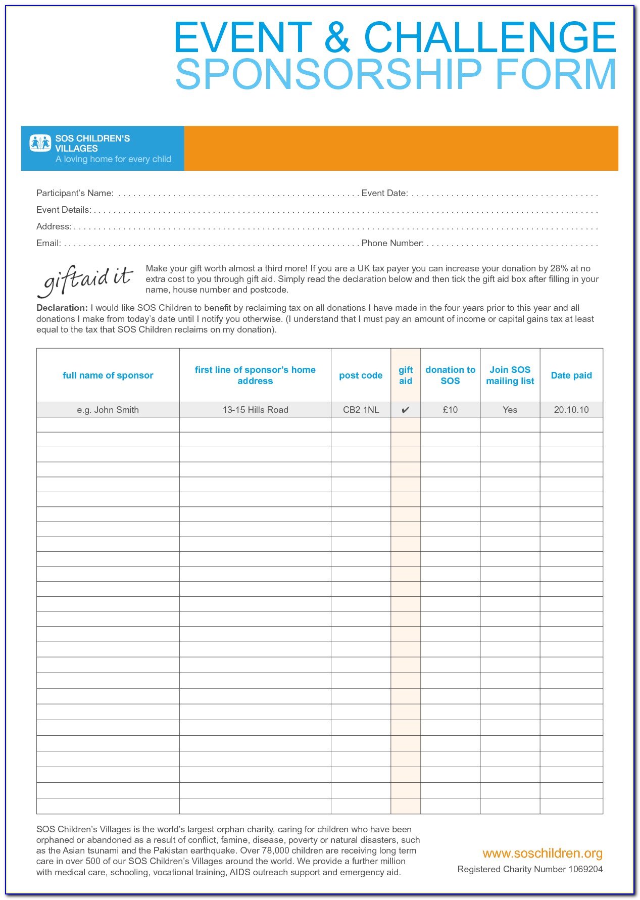 Charity Fundraising Sponsorship Form Template