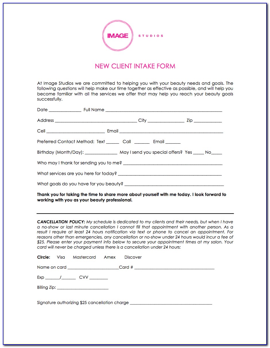 Client Intake Form Cosmetology