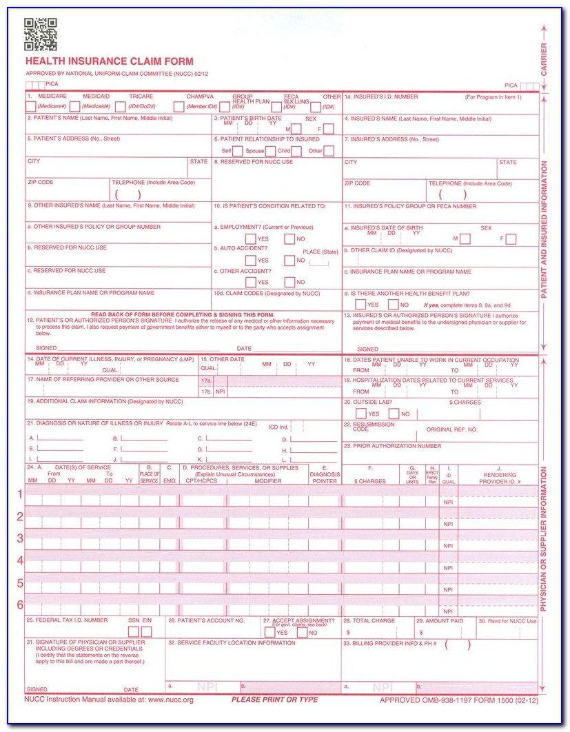 Cms 1500 Health Insurance Claim Form (02 12) Version