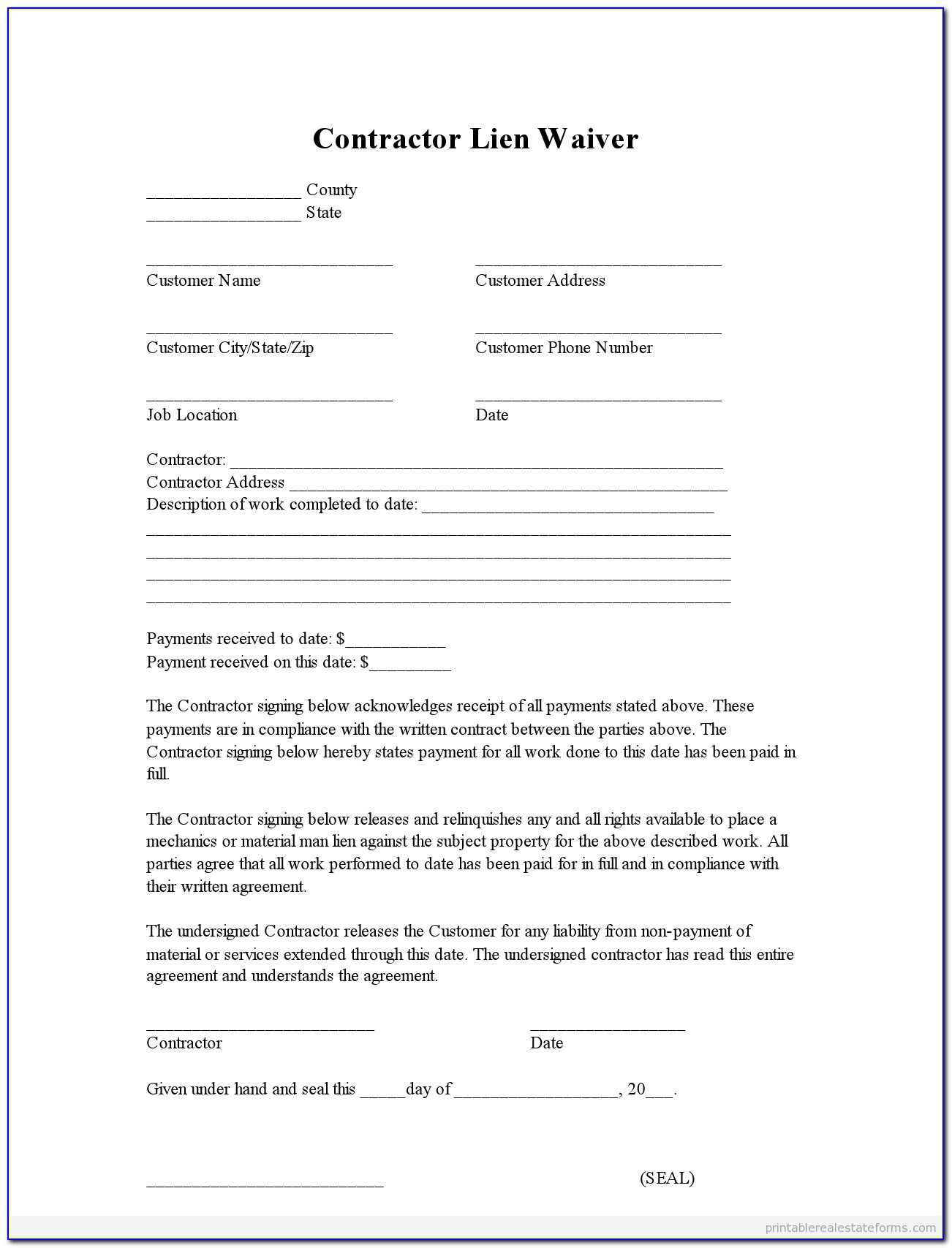 Construction Lien Waiver Form Free