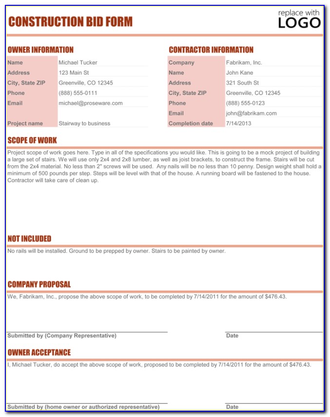 Construction Proposal Form Template