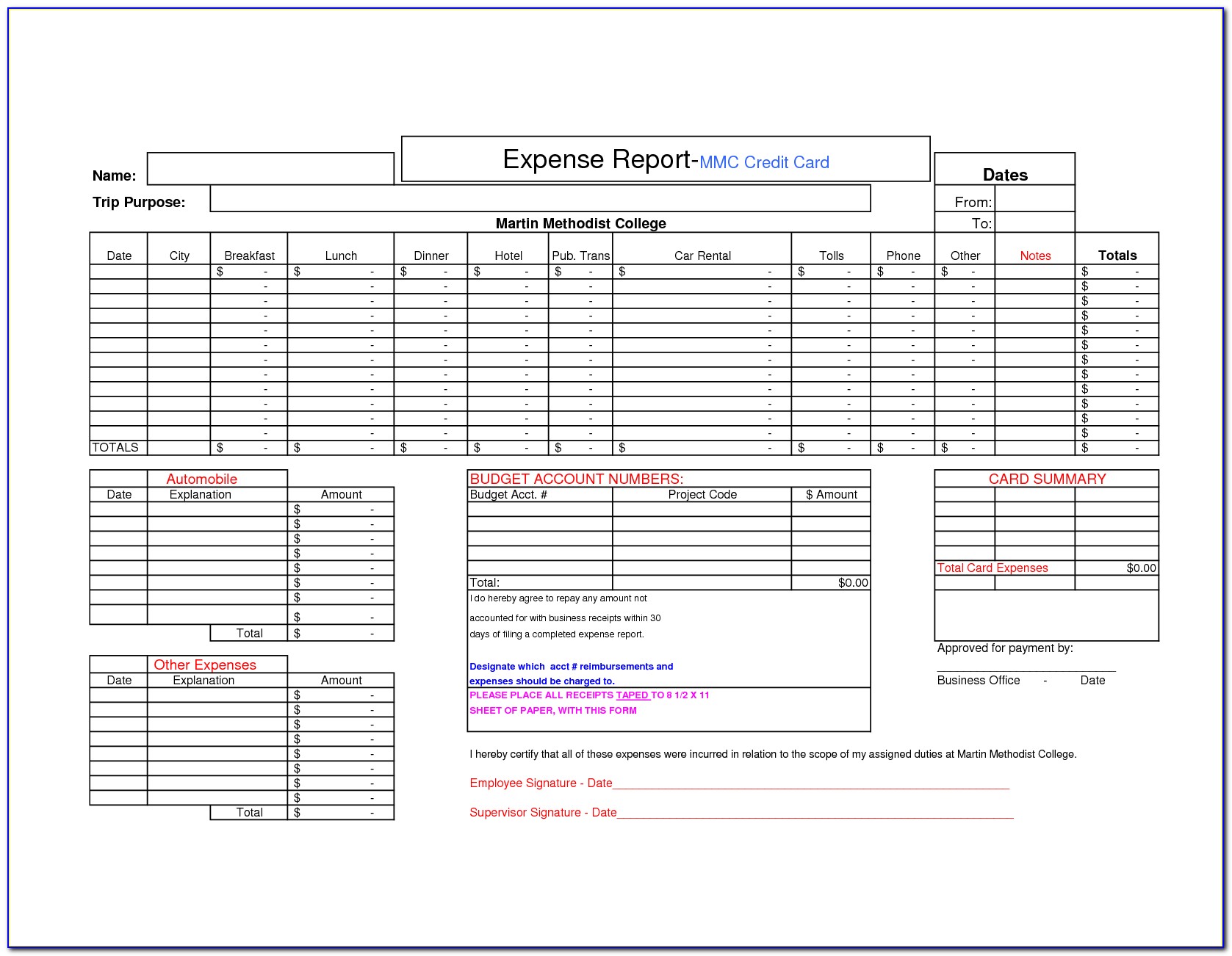 Corporate Credit Card Expense Form