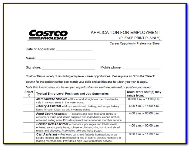 Costco Canada Employment Application Form