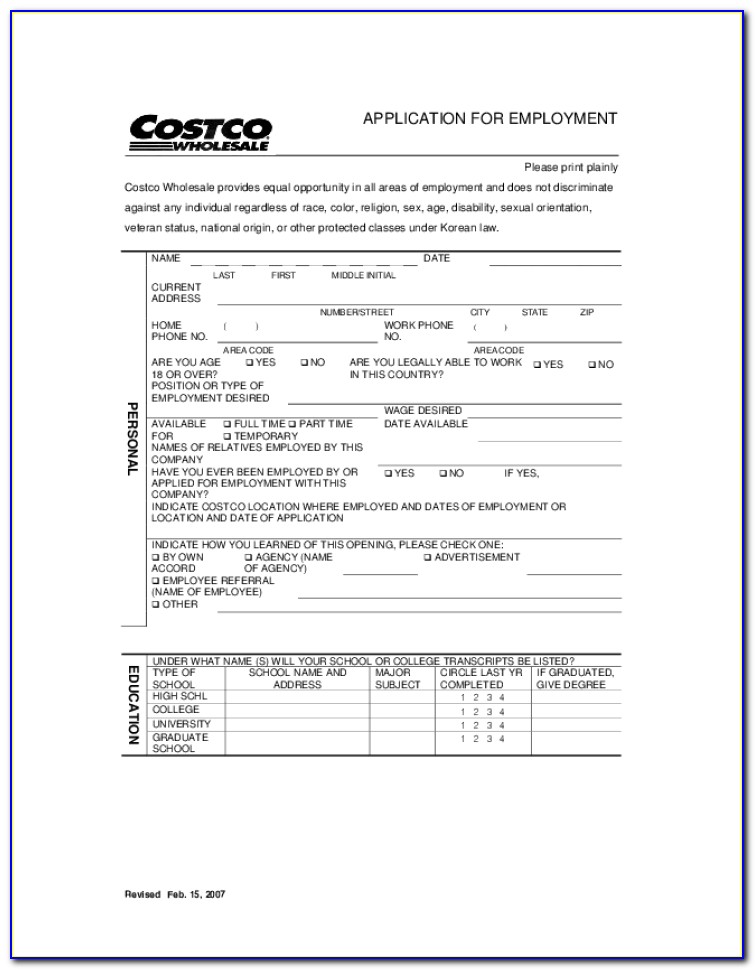 Costco Employment Application Form