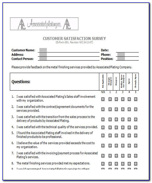 Customer Satisfaction Survey Form Sample. 