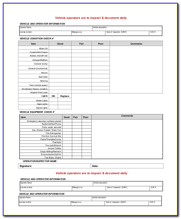 Daily Vehicle Inspection Form Template