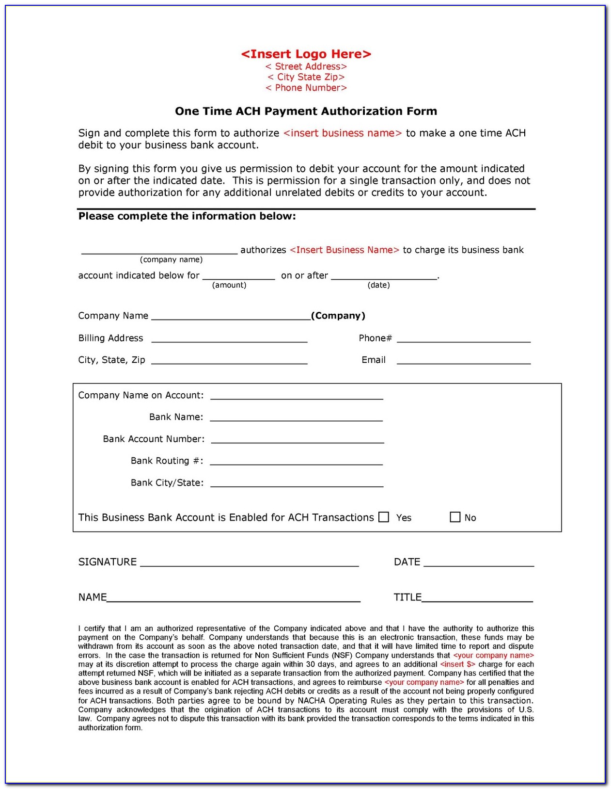 Direct Payment Authorization Form Template