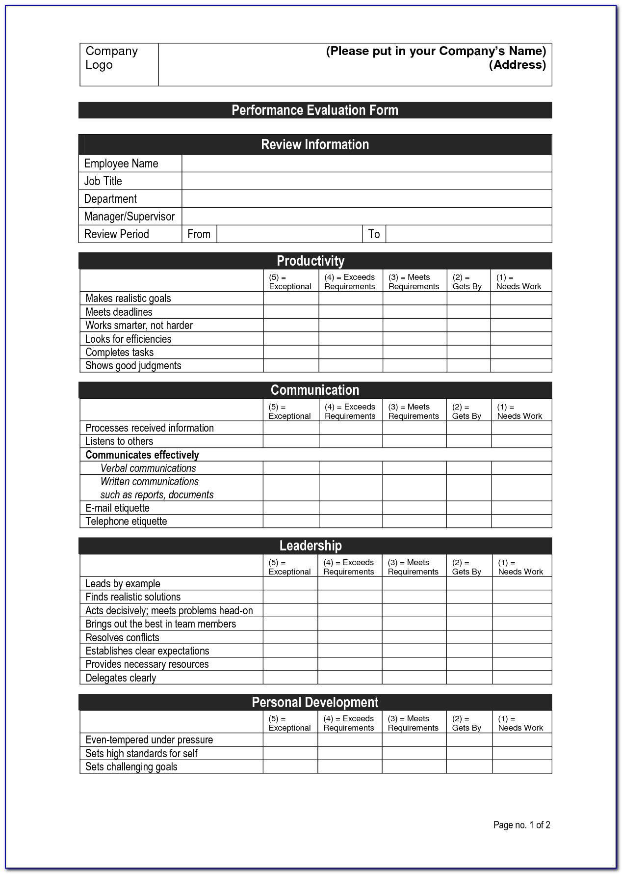Employee Performance Appraisal Form Example