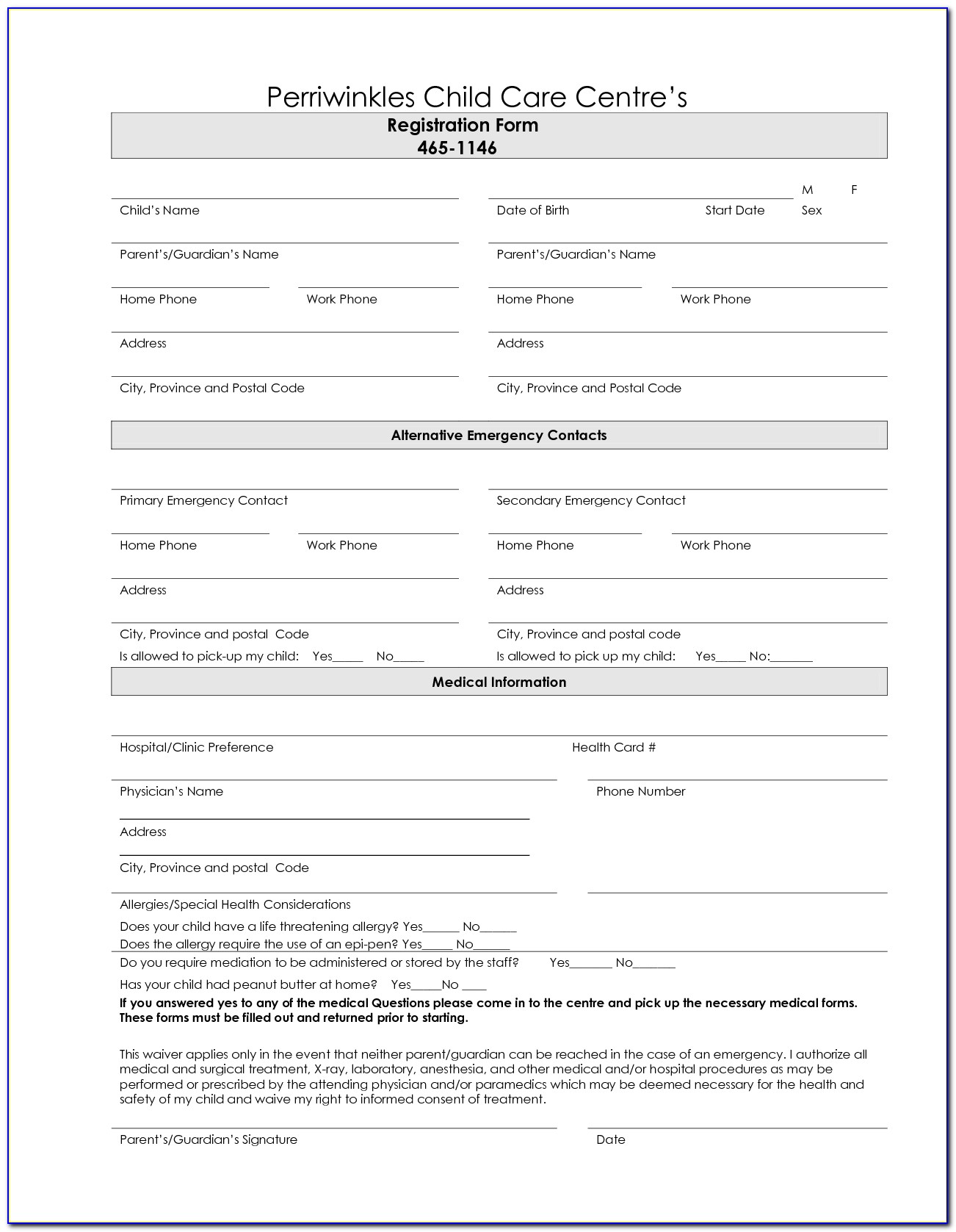 Enrollment Forms For Home Daycare