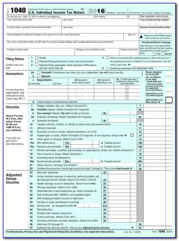 Fed Tax Form 1040a 2016